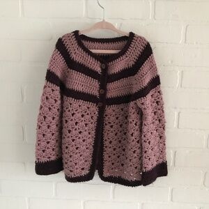 Vintage Handmade Girl’s knit crochet cardigan Plum/burgundy/violet Size 6
